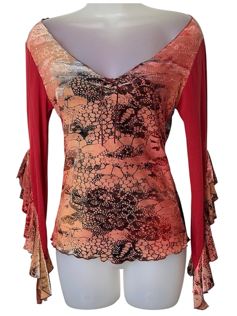 Y2K Sharagano Velvet Mixed Media Ruffle Sleeve Abstract Top Two Tone Red Black